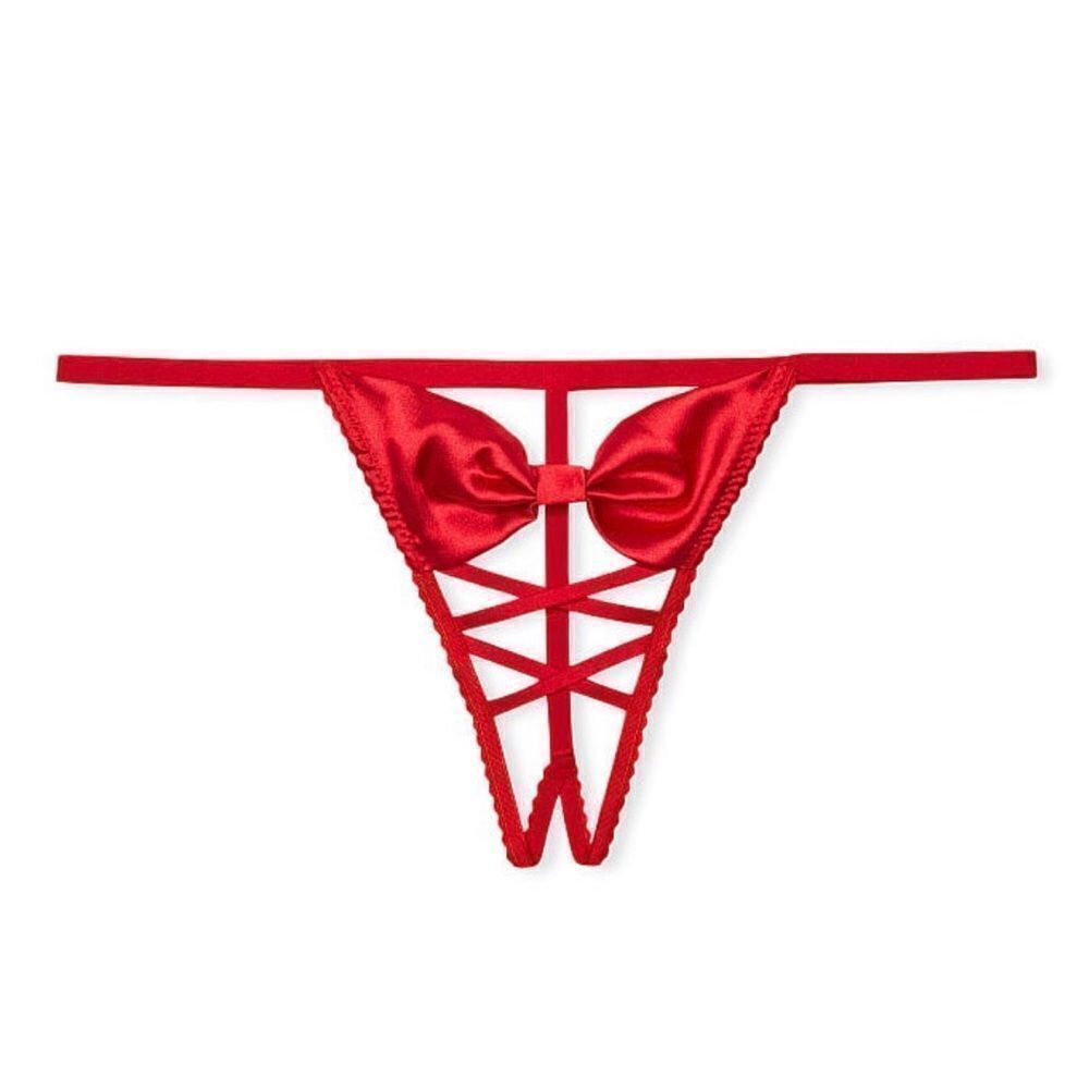 Victorias Secret Very Sexy Strappy Bow Lace-up Satin V String Panty Red